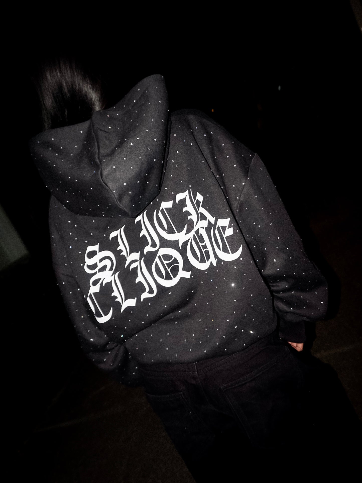 SLICK CLIQUE RHINESTONE BLACK HOODIE ALL OVER