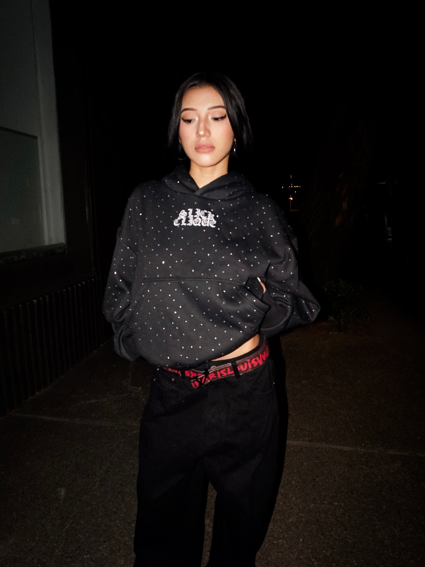 SLICK CLIQUE RHINESTONE BLACK HOODIE ALL OVER