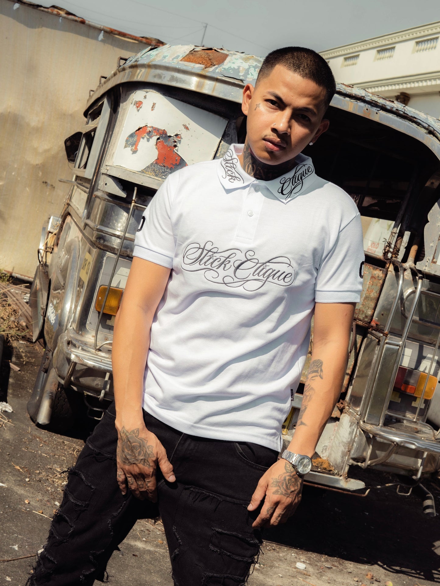 SLICK CLIQUE GHETTO SCRIPT WHITE POLO SHIRT