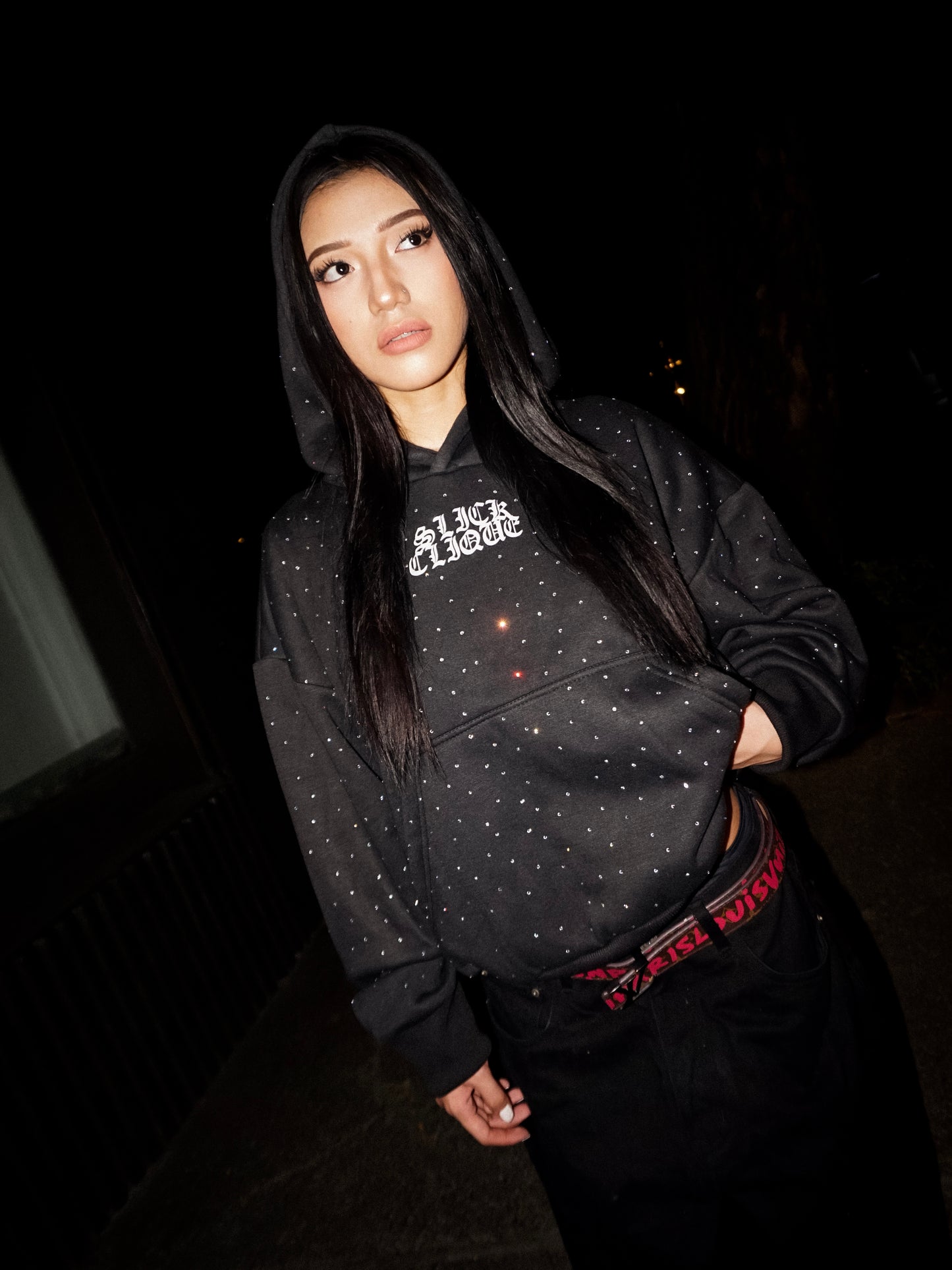 SLICK CLIQUE RHINESTONE BLACK HOODIE ALL OVER