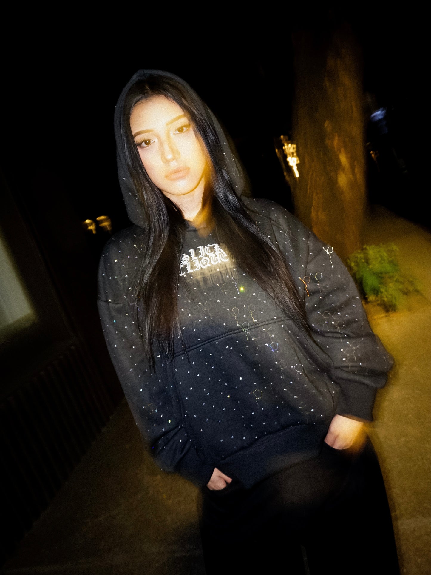 SLICK CLIQUE RHINESTONE BLACK HOODIE ALL OVER