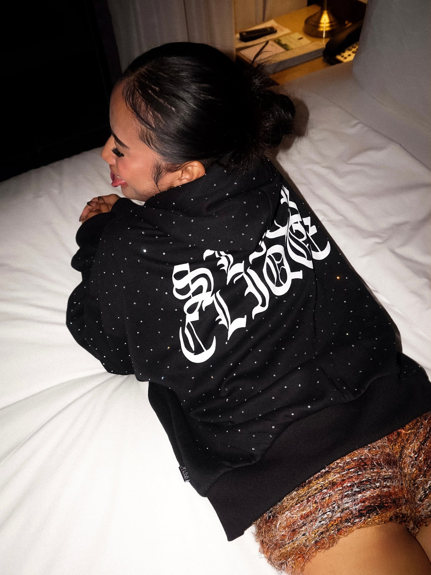 SLICK CLIQUE RHINESTONE BLACK HOODIE ALL OVER