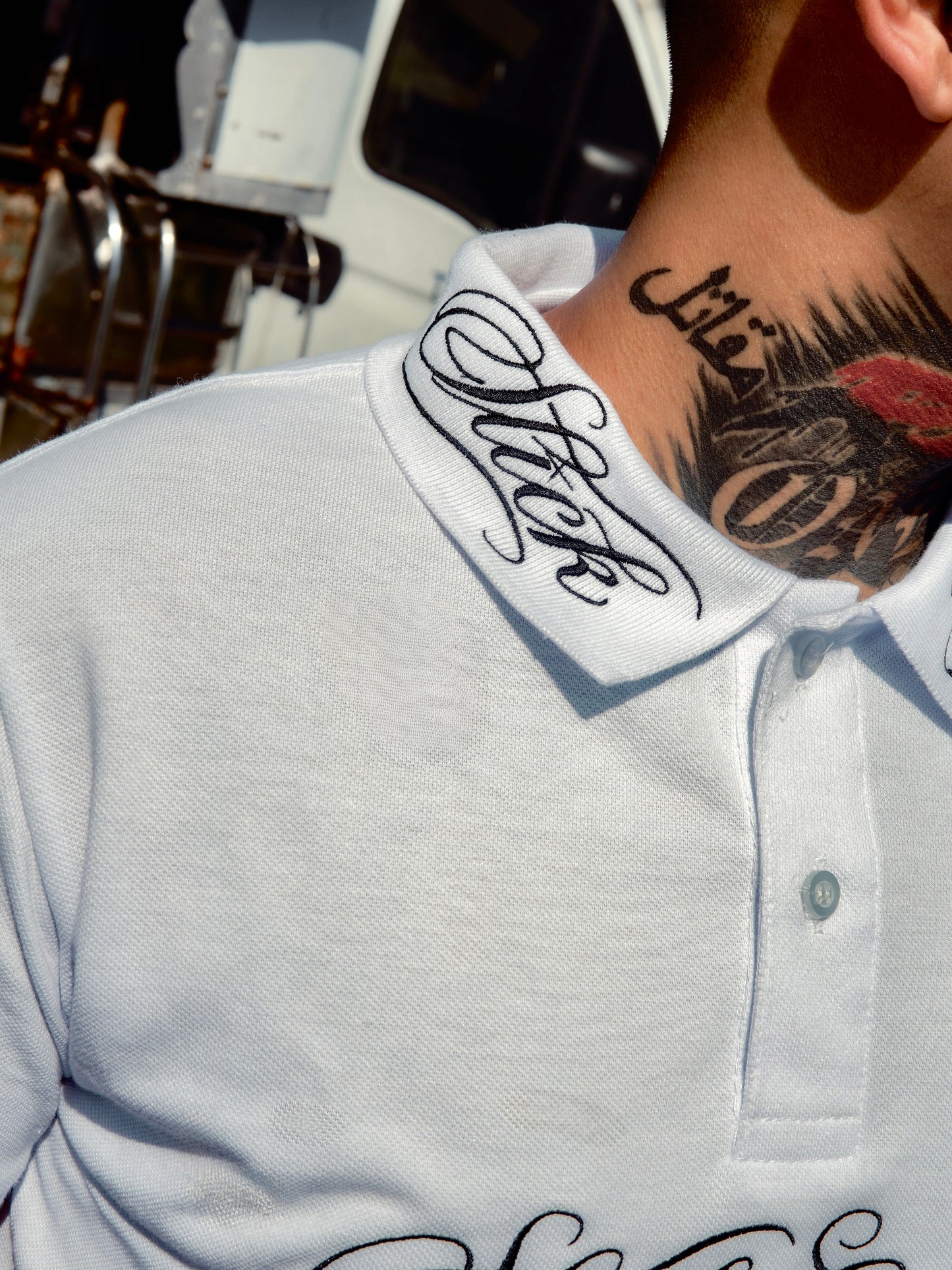 SLICK CLIQUE GHETTO SCRIPT WHITE POLO SHIRT