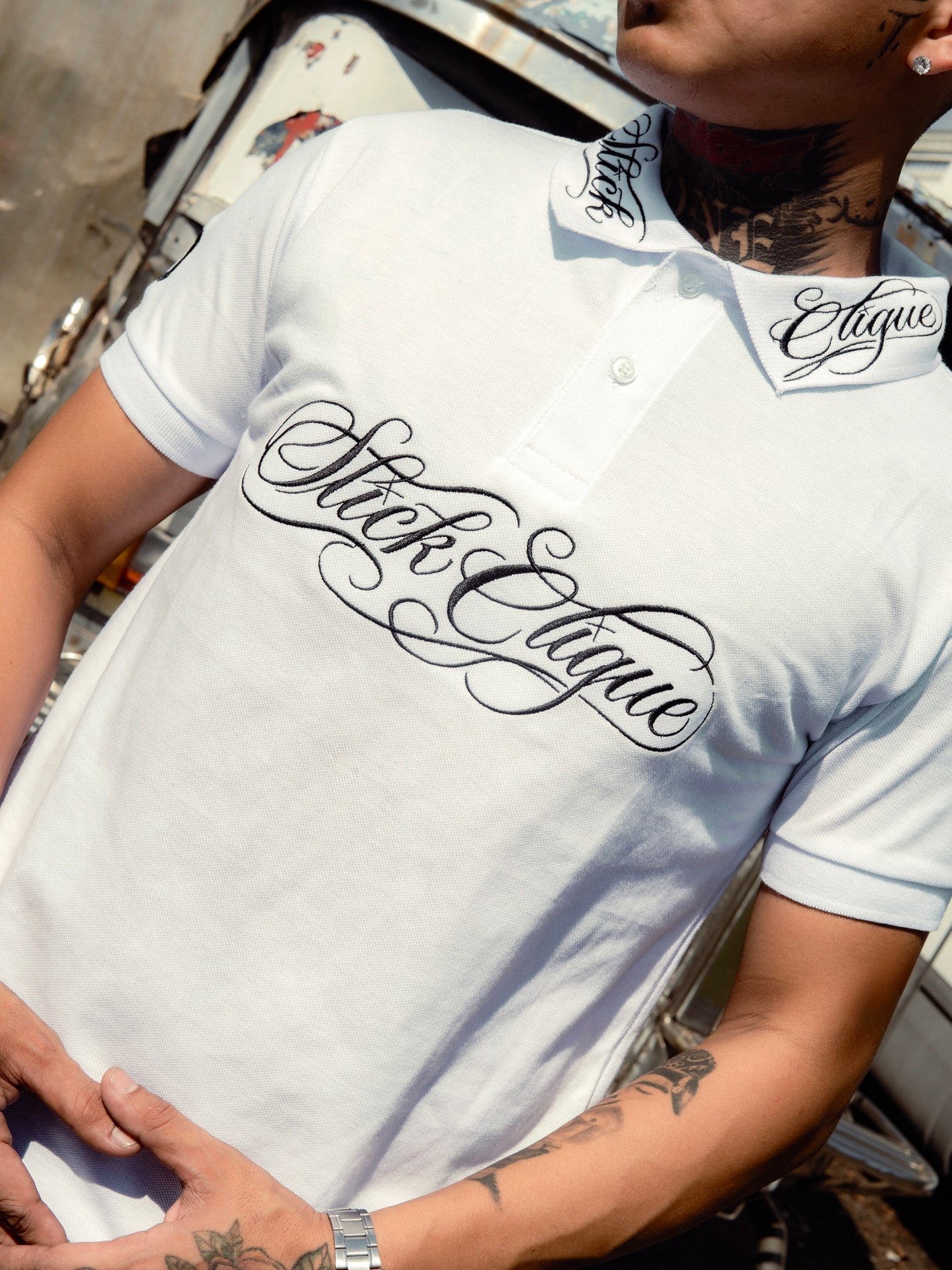 SLICK CLIQUE GHETTO SCRIPT WHITE POLO SHIRT